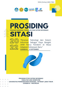 Image of Seminar Nasional Teknologi dan Sistem Informasi Vol. 2 No. 1 (2022) “Peranan Teknologi dan Sistem Informasi sebagai Daya Bangkit UKM Pasca Pandemi di Masa Adaptasi Kebiasan Baru” Surabaya 10 September